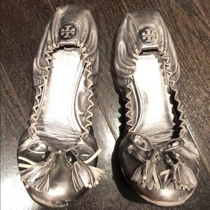 Size 7 Silver Tory Burch Ballet Tassel Flats